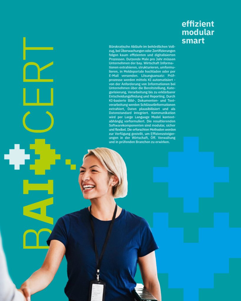 Mit BAICert entsteht eine Marke mit Strahlkraft. Das Corporate Design macht sichtbar, wie KI-Technologien Bürokratie abbauen, Zeit und Ressourcen sparen und gleichzeitig Vertrauen und Nachhaltigkeit vermitteln.