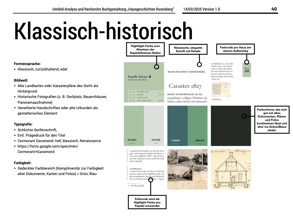 Moodboard: Buchsatz und Gestaltung der Haus- und Hofgeschichten aus Rosenberg – Entwicklungsgeschichte des Dorfes Rosenberg seit dem Dreißigjährigen Krieg von Thomas Fuchs und Dr. Michael Hoffmann