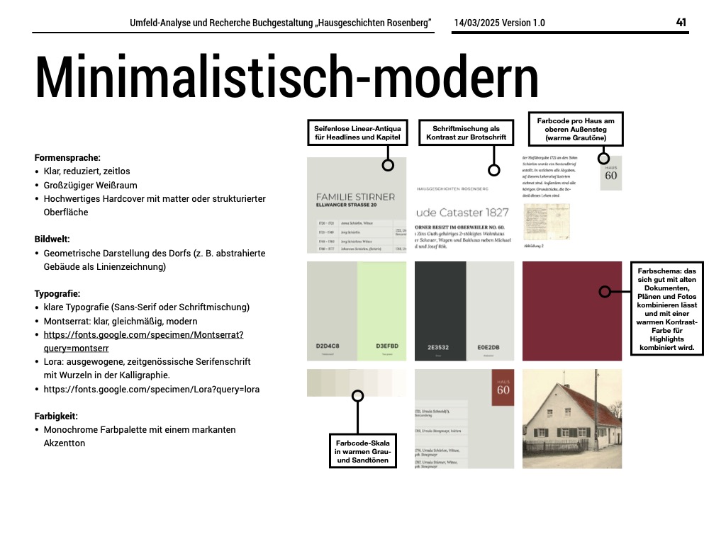 Moodboard: Buchsatz und Gestaltung der Haus- und Hofgeschichten aus Rosenberg – Entwicklungsgeschichte des Dorfes Rosenberg seit dem Dreißigjährigen Krieg von Thomas Fuchs und Dr. Michael Hoffmann