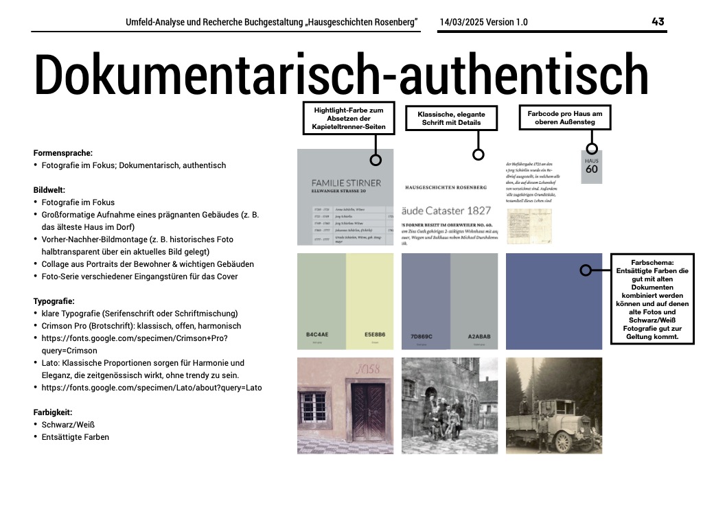 Moodboard: Buchsatz und Gestaltung der Haus- und Hofgeschichten aus Rosenberg – Entwicklungsgeschichte des Dorfes Rosenberg seit dem Dreißigjährigen Krieg von Thomas Fuchs und Dr. Michael Hoffmann